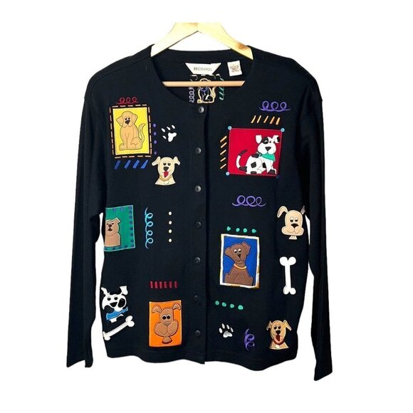 Bechamel Black Button Front Dog Bones Embroidered Grannycore Sweater Size Large - Picture 1 of 9
